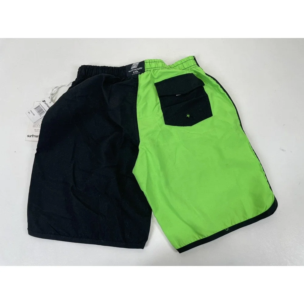 Surf Mentality Kids Elastic Waist Swim Shorts Size L Green‎ Black NWT